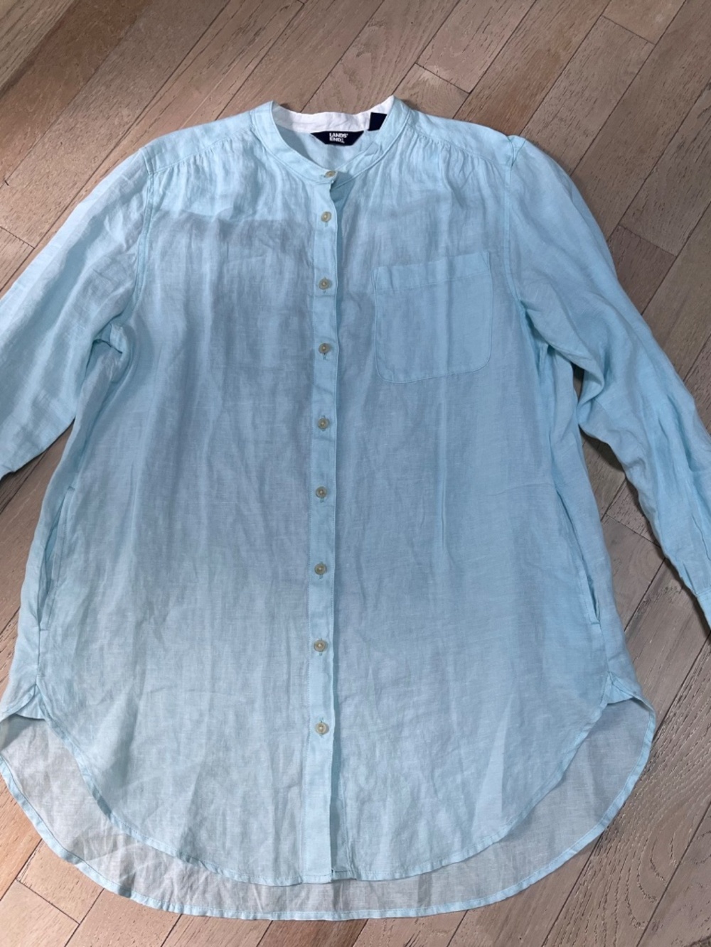 LANDS' END Roll-up L/S Linen Banded Collar Button Front Tunic - L ,Blue Pockets